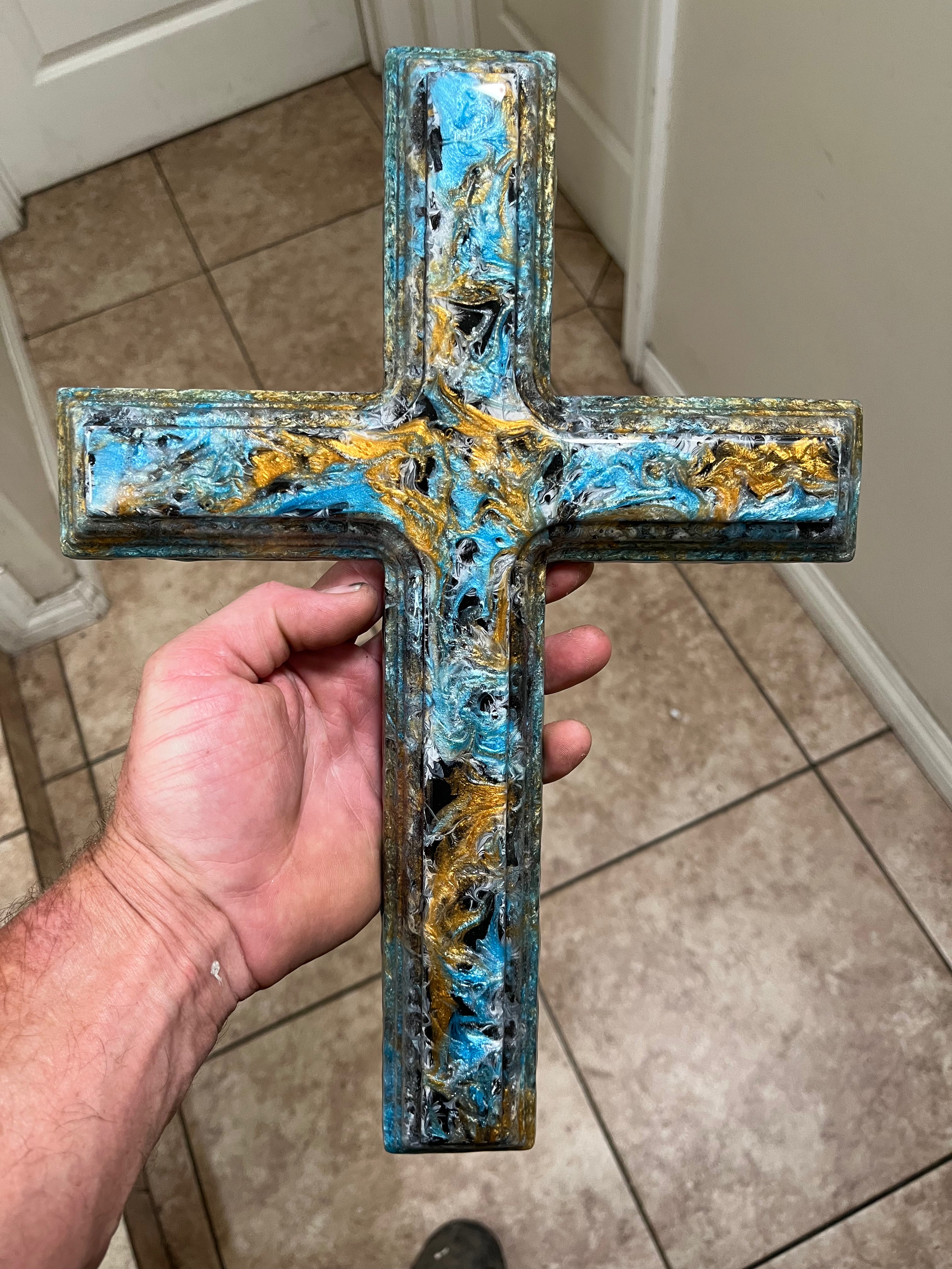 Handmade Epoxy Resin Cross | 14” Wood Wall Cross | Metallic Christian Decor | One of a Kind Faith Art by Cross Afx